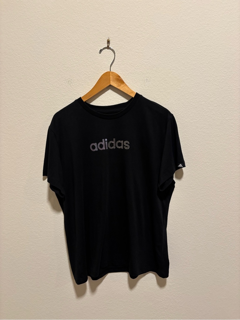Adidas Women’s Rhinestone Spellout Black Crewneck Tee with Subtle Logo Print